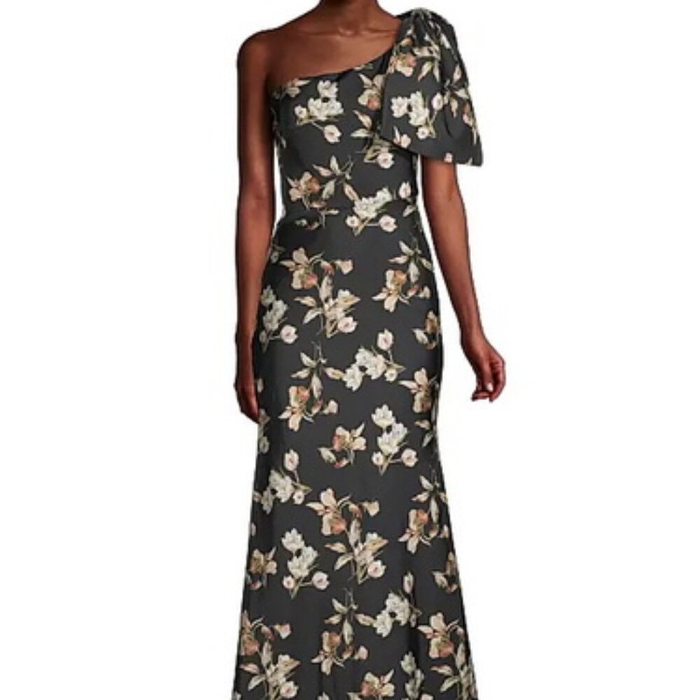 Sachin & Babi Black Aubrey Floral One-Shoulder Satin Crepe Gown
